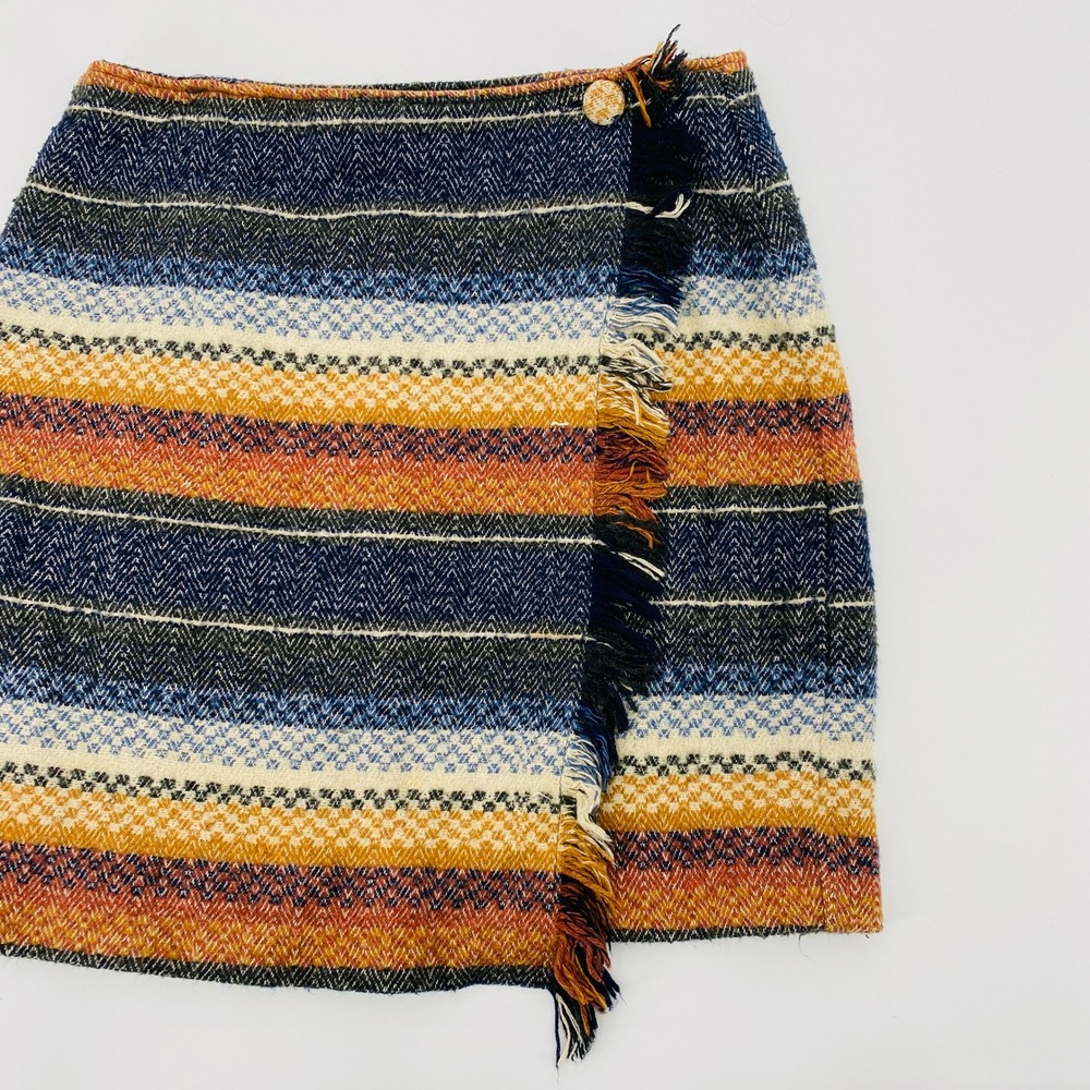 Judy Knapp Wrap Skirt Women 9 Blue‎ Rust Striped Fringe Faux Wrap Mini